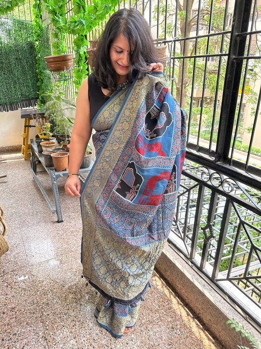 INDIGO BLACK DOLA  SILK AJRAKH ZARI BORDER SARI