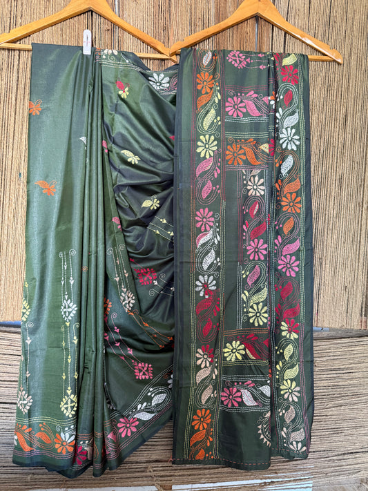 BEAUTIFUL COLOURFUL HAND KANTHA WORK ON BANGALORE BLENDED SILK SEAWEED GREEN COLOUR SARI WITH BLOUSE