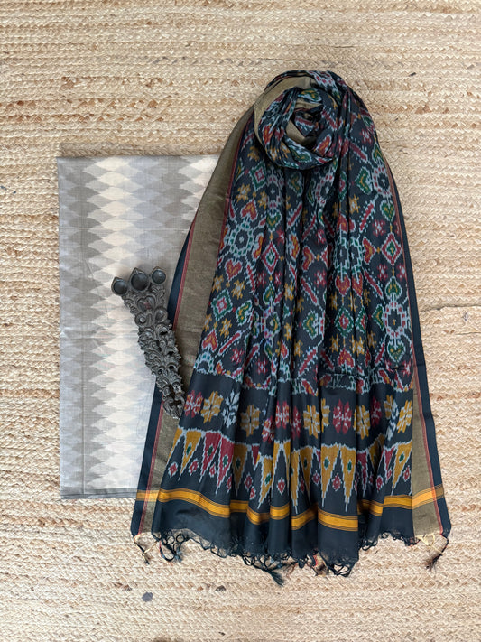 WHITE &  GRAY IKKAT PURE SILK COTTON HANWOVEN KURTA WITH IKKAT PURE SILK PATOLA HANDWOVEN DUPATTA