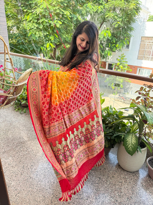Red & Yellow dual shade Handwoven Rai  Bareek Bandhani Saree Meenakari Jaal with Khaddi Georgette  Mks-3