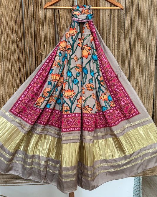 Cream Beige patola print modal silk dupatta