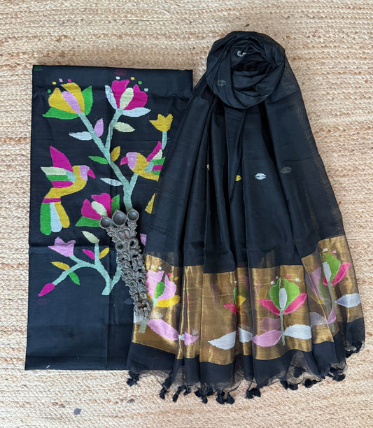 Crow Black handwoven jamdani pure cotton silk kurta set mjk