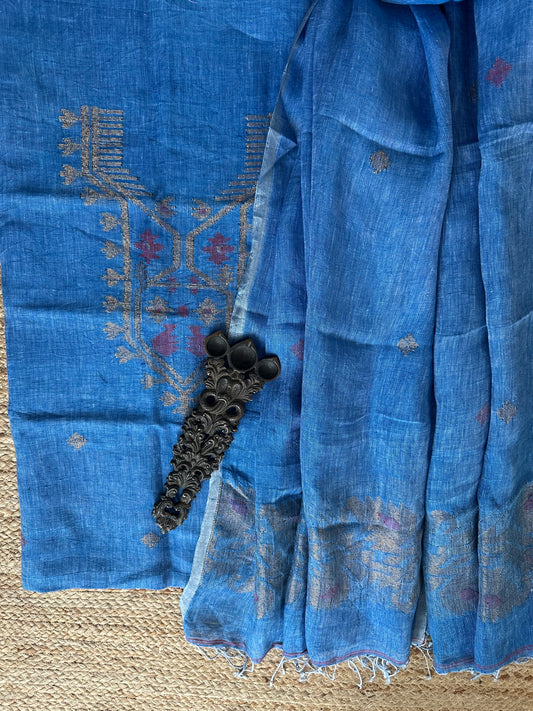 MAYA BLUE  JAMDANI WOVEN LINEN  KURTA SET LJS- 1032
