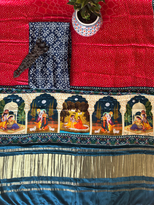 BLUE PATOLA PICHWAI MASHRU  SILK KURTA WITH  HANDCRAFTED MODAL SILK DUPATTA