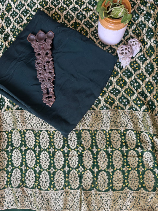 Bottle Green Handwoven Bareek Bandhani khaddi georgette dupatta with pure Gajji silk kurta