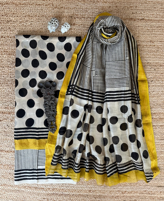 Beige & black maheshwari sico handblock suit set