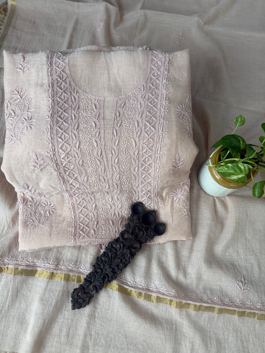 LIGHT PEACH PINK PREMIUM  MULL CHANDERI LUCKNOWI CHICKENKARI HAND EMBROIDERY THREE PIECE SUIT