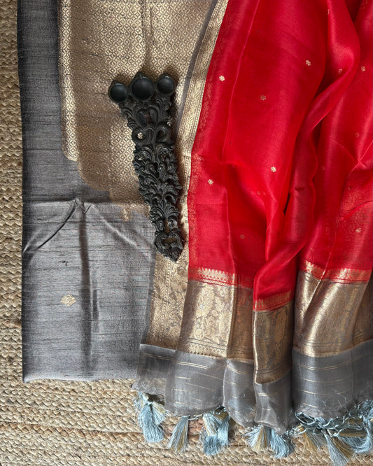 STONE GRAY RAW SILK CERTIFIED HANDLOOM BANARSI KADWA BUTTI WITH WOVEN ZARI THREE PIECE SUIT