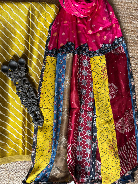 MUSTARD MASHRU SILK KURTA WITH AJRAKH PATCHWORK  HANDCRAFTED MIRROR WORK MODAL SILK DUPATTA PWK-7