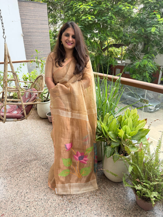 Taupe Beige Jamdani sequence work handwoven pure muslin silk sari With Matka Silk Blouse Piece