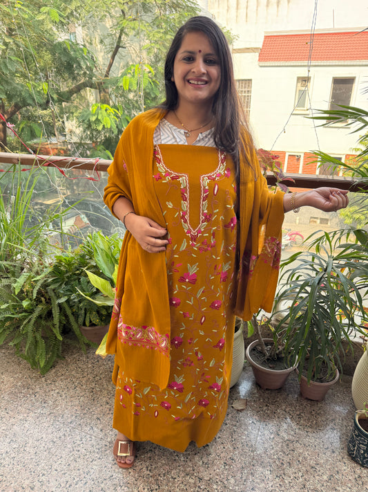 OCHRE YELLOW THREE PIECE JAL EMBROIDERED WORK MERINO WOOL UNSTITCHED SUIT SET WITH HAND EMBROIDERY (AARI WORK / SOZNI) WS -5
