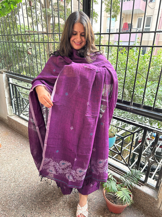 PURPLE JAMDANI WOVEN LINEN  KURTA SET