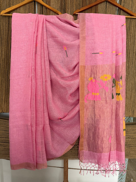 HOT PINK HANDWOVEN JAYSHREE LINEN JAMDANI SARI