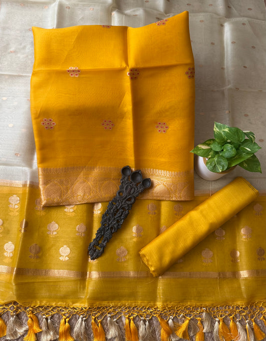 Clear Yellow kora silk certified handloom banarsi kadwa butti with woven zari three piece suit