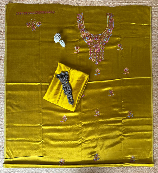 MUSTARD MASHRU SILK HAND EMBROIDERY KASHMIRI HANDEMBROIDERY SOZNI WORK CORD SET Cs- 23