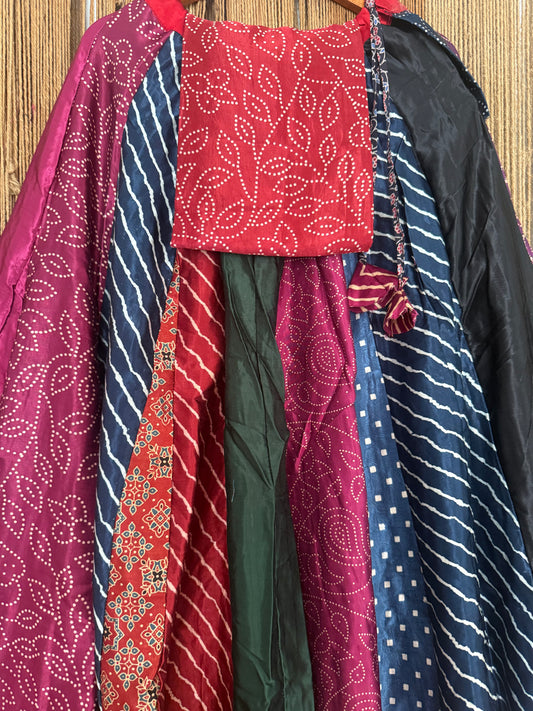 Maroon mashru silk blouse-with Multicolour patchwork  handcrafted mashru silk Skirt
