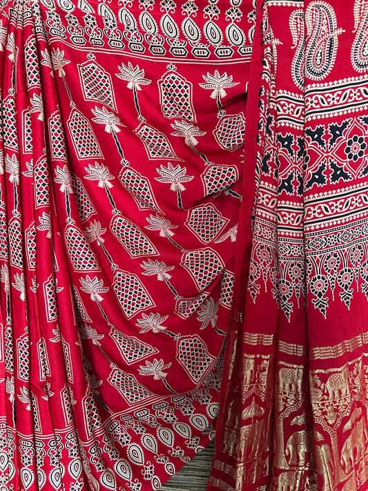 RED AJRAKH PRINT  MODAL SILK SARI WITH ZARI BORDER