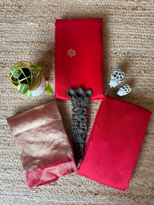 Red Kora Silk Certified Handloom Banarsi Kadwa Booti Three Piece Suit   CBS-58