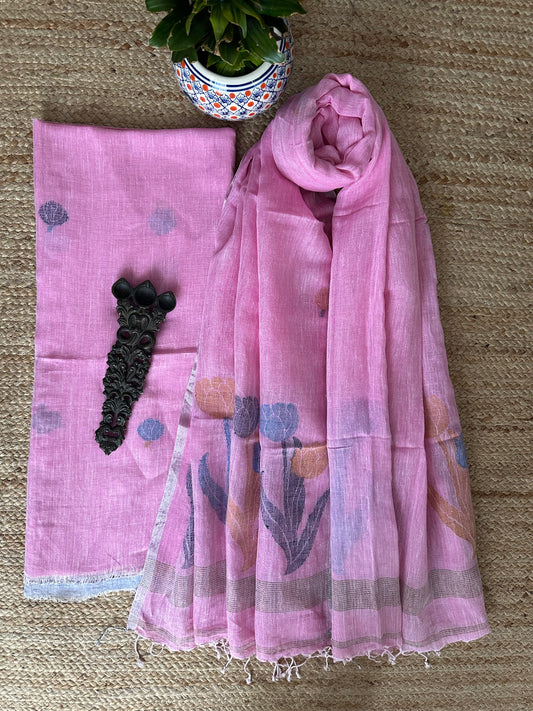 BABY PINK JAMDANI LINEN  KURTA SET LJS-1054
