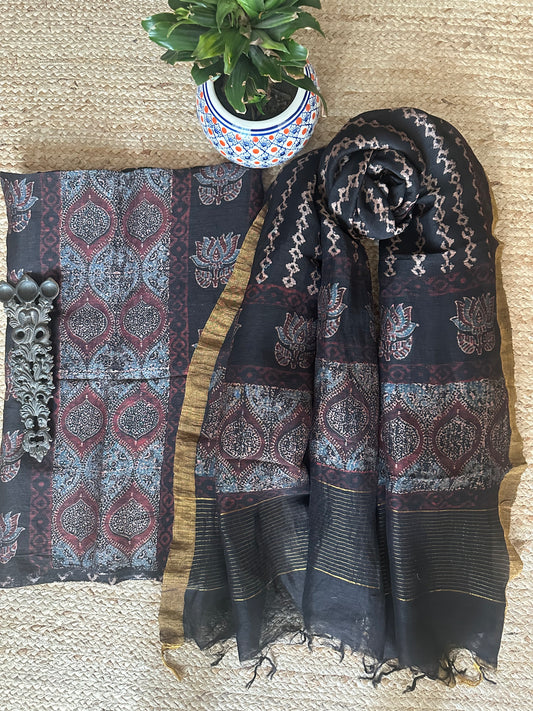 BLACK AJRAKH  LINEN SILK HANDBLOCK SUIT SET