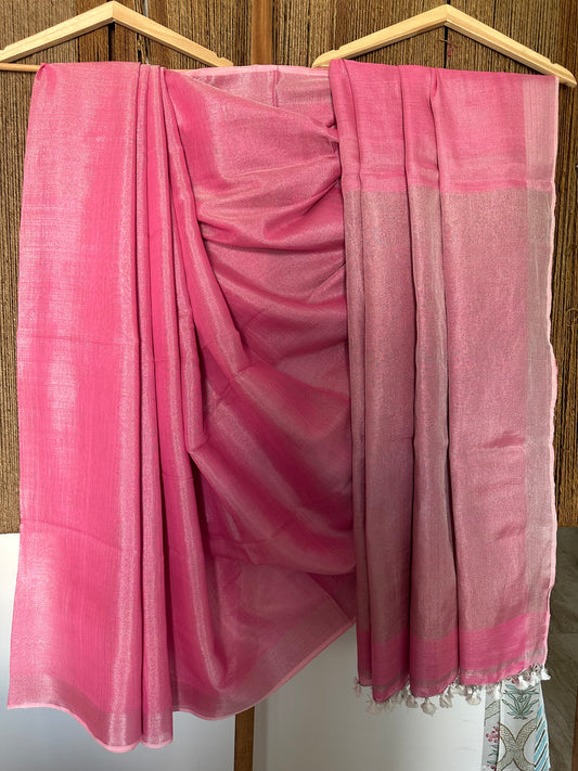 BLUSH PINK TISSUE LINEN ZARI SARI WITH WOVEN MAROON BORDER