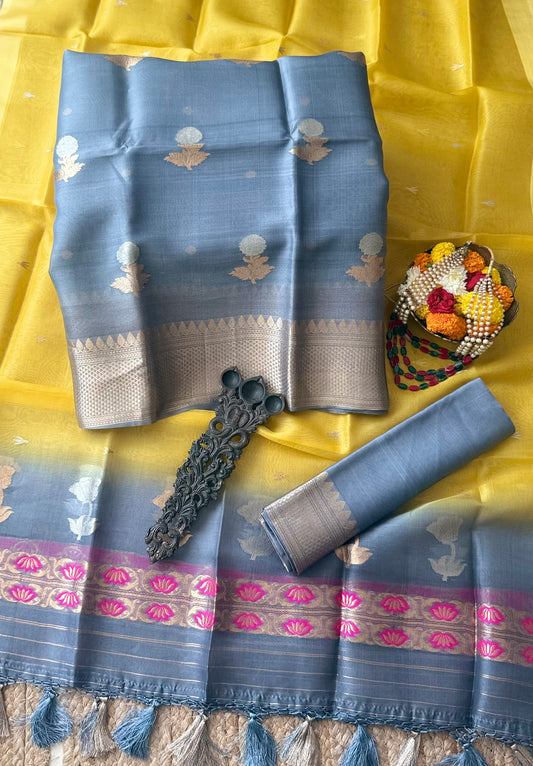 Lava Gray Ombré Shade kora silk certified handloom banarsi kadwa booti meenakari three piece suit