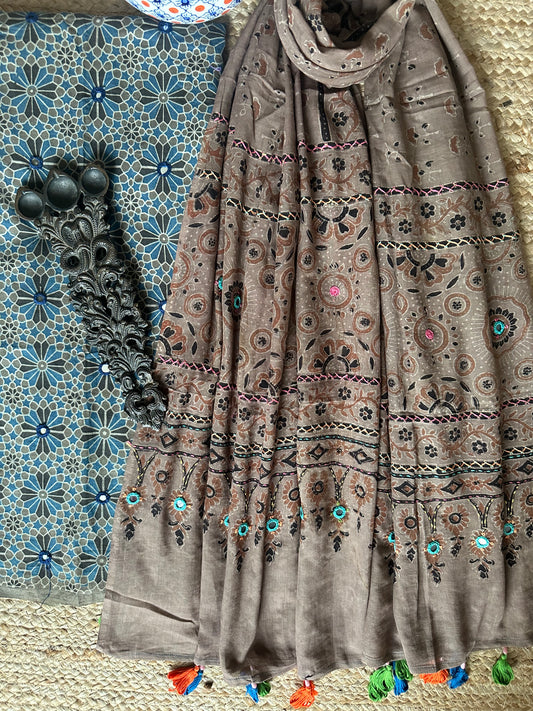 GREENISH BLUE AJRAKH HANDBLOCK AND HAND EMBROIDERY KURTA WITH  AJRAKH HAND EMBROIDERY DUPATTA