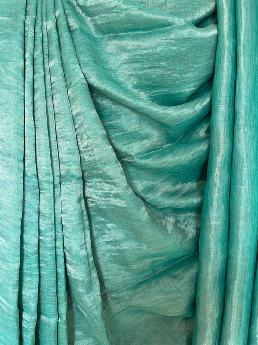 Cyan Blue Metallic linen Sari with Silver woven  Border and Tassels