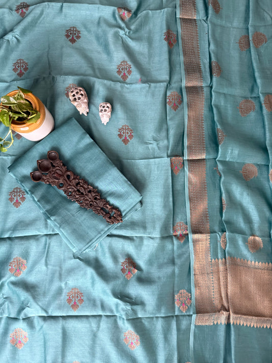 Persian Teal Mist Chanderi Handloom Banarsi Booti Three Piece Suit