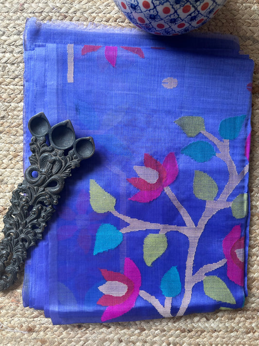 BLUE JAMDANI HANDWOVEN PURE MUSLIN SILK SARI