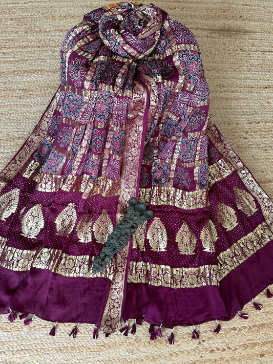 JAM PURPLE MODAL SILK AJRAKH HANDCRAFTED GHARCHOLA DUPATTA WITH AJRAKH PRINT IN NAKSHI BORDER