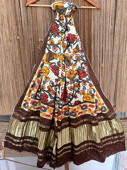 Cream & Brown Handcrafted Kalamkari patola modal silk dupatta