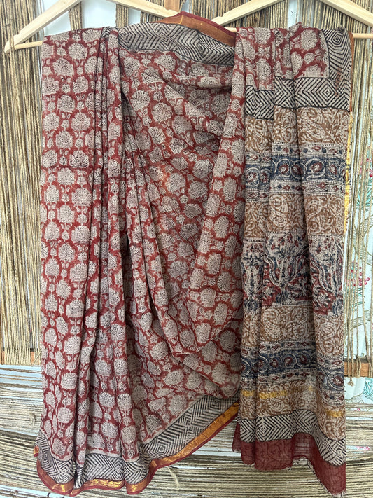 BEIGE MAROON KOTA DORIA HANDBLOCK SARI