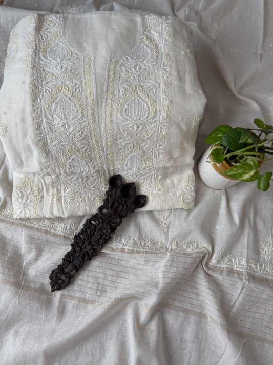 White embroidery premium mull chanderi lucknowi chickenkari with moti work hand embroidery three piece suit