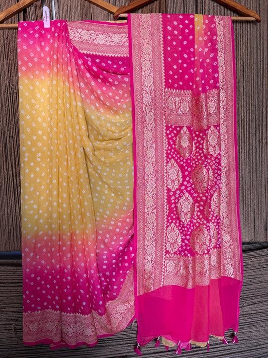 PINK & Yellow Ombré shade Handwoven Neem Zari Bareek Bandhani Saree with Khaddi Georgette BS- 305