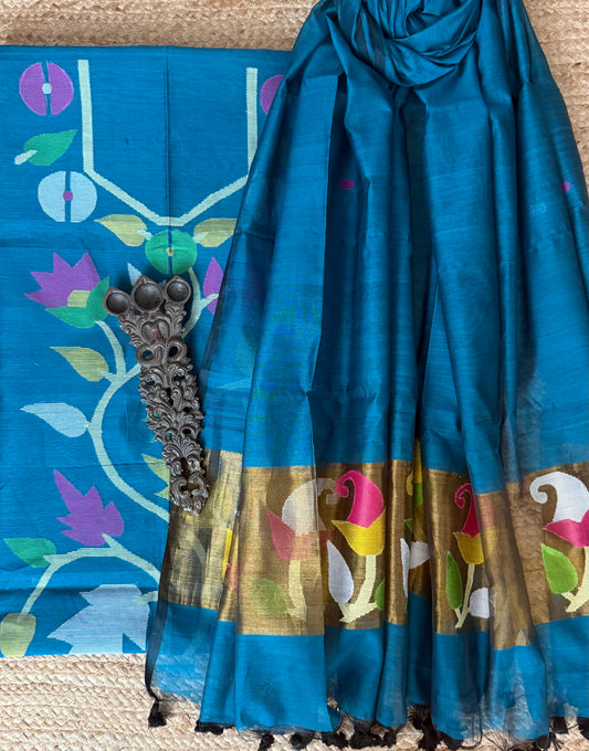 Peacock Blue handwoven jamdani pure cotton silk kurta set mjk-