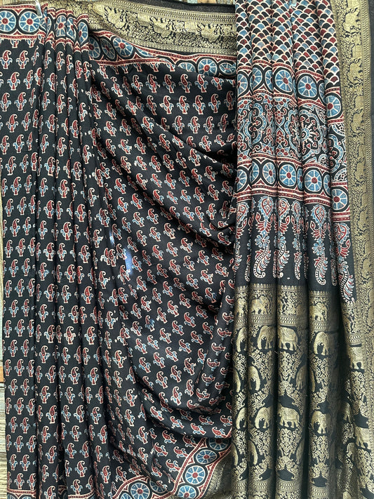 BLACK DOLA  SILK AJRAKH ZARI BORDER SARI