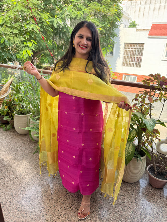 Shocking pink Kora silk certified handloom Banarsi kadwa Booti three piece suit