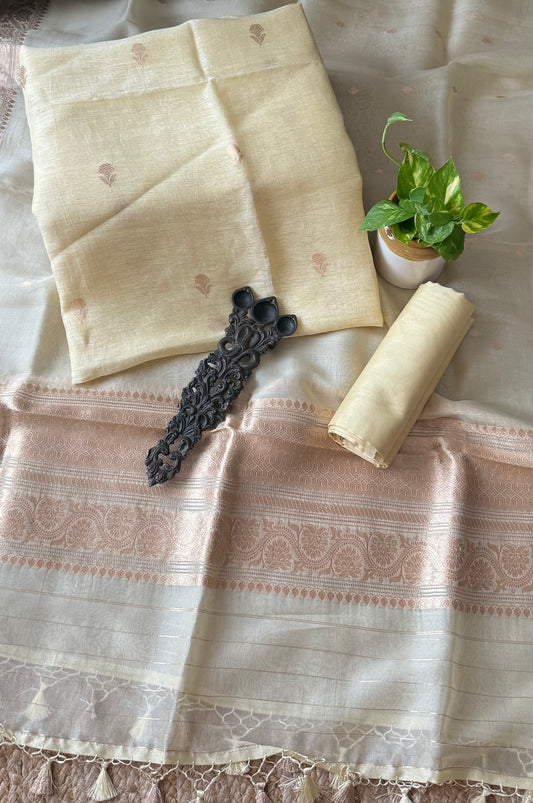 Lime Yellow Linen  handloom banarsi kadwa booti meenakari three piece suit