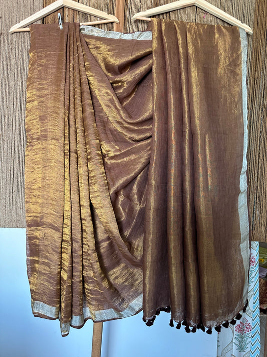 14 COPPER GOLD METALLIC LINEN SARI WITH WOVEN  BORDER