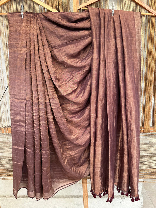 COPPER METALLIC LINEN SARI WITH WOVEN  BORDER AND TASSELS