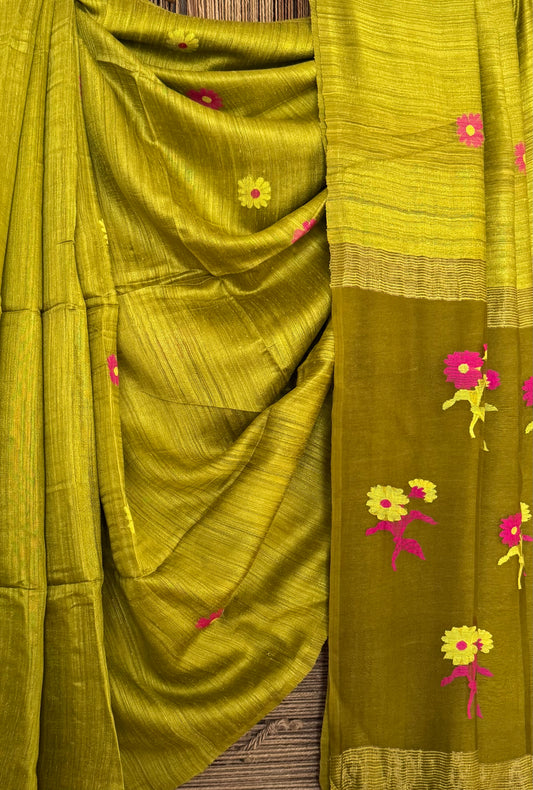 Mustard Yellow jamdani handwoven pure Matka  silk certified sari