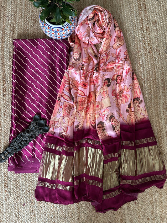MAGENTA LEHERIYA MASHRU SILK KURTA WITH PATOLA HANDCRAFTED MODAL SILK DUPATTA PS-73