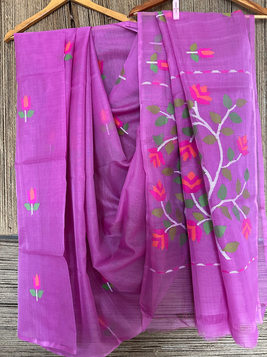 LILAC PURPLE JAMDANI HANDWOVEN PURE MUSLIN SILK SARI