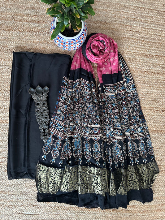 BLACK MODAL SILK KURTA WITH BANDHANI AJRAKH HANDCRAFTED MODAL SILK DUPATTA PS- 10196