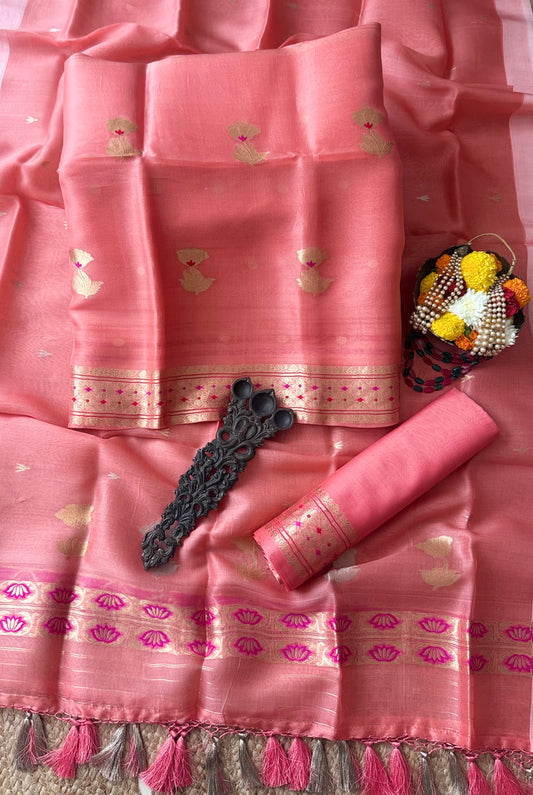 Coral Pink Ombré Shade kora silk certified handloom banarsi kadwa booti meenakari three piece suit