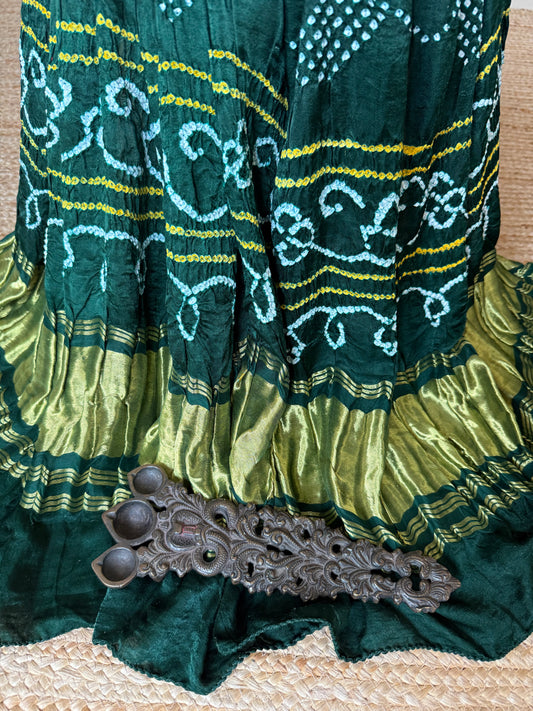 BOTTLE GREEN CHANDMUKHI RAI BANDHANI GAJJI SILK HANDWOVEN  DUPATTA