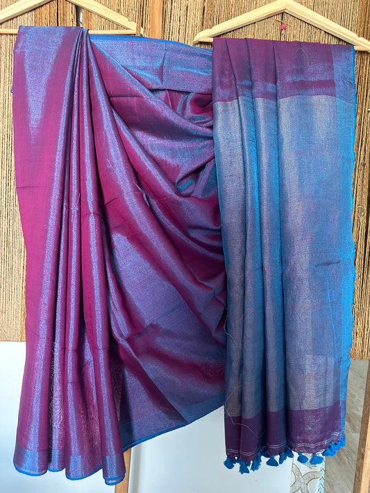 PURPLE BLUE SILVER  TISSUE LINEN ZARI SARI WITH WOVEN RED BORDER