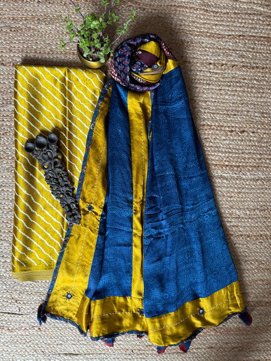 MUSTARD MASHRU SILK KURTA WITH AJRAKH PATCHWORK  HANDCRAFTED MIRROR WORK MODAL SILK DUPATTA PWK-6