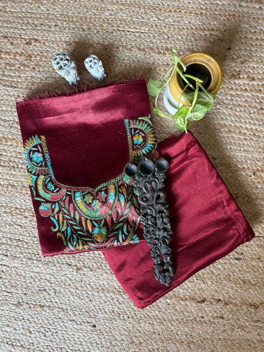 MAROON MASHRU SILK HAND EMBROIDERY KASHMIRI HANDEMBROIDERY SOZNI WORK CORD SET Cs- 28
